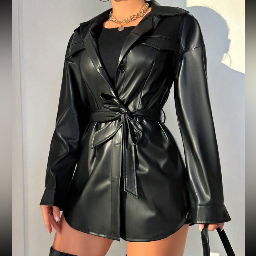 Black Faux Leather Belted Jacket